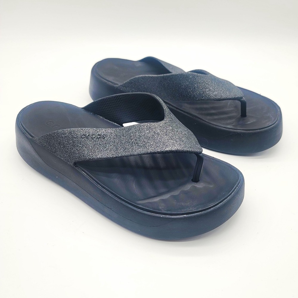 Crocs Sloane Glitter Platform Flip Flops Womens 9 Black Sparkle Sandals